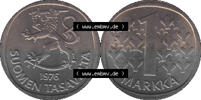 Alte Münzen KMS Finnland, Kursmünzensatz 1976 in Stempelglanz als digitales Computerbild in transparenten PNG 1969-1993, 1 Finnische... Sammlung