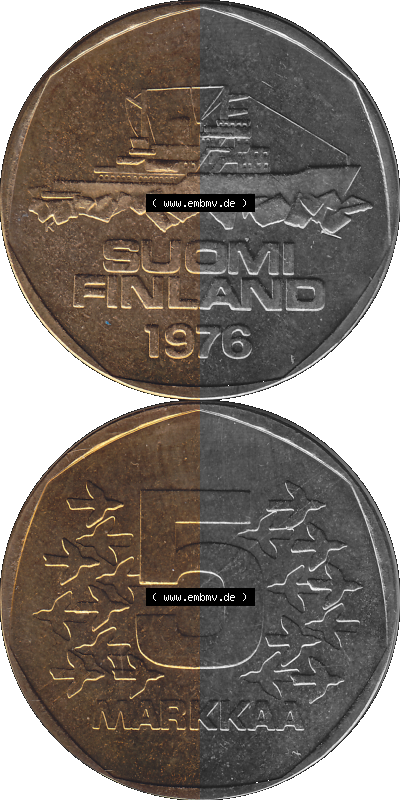 Alte Münzen KMS Finnland, Kursmünzensatz 1976 in Stempelglanz als digitales Computerbild in transparenten PNG 1972-1978, 5 Finnische... Sammlung