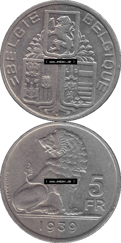 Alte Münze aus Belgien als PNG-Grafik 1938-1939, 5 Franken, FR, Francs, BELGIE - BELGIQUE 1939 Sammlung