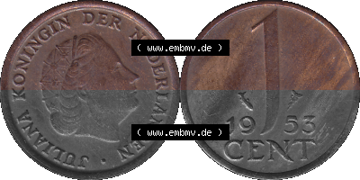 Münze der Niederlande 1951-1975, in PNG digitalisiert 1950-1980, 1 Cent Königin Juliana 1953, 1600 x 800 Pixel Querformat in... Sammlung
