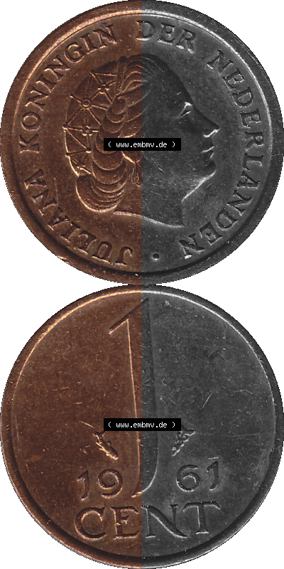 Münze der Niederlande 1951-1975, in PNG digitalisiert 1950-1980, 1 Cent Königin Juliana 1961, Vorderseite und Rückseite vertikal,... Sammlung