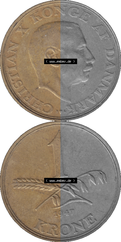 Alte Münze aus Dänemark als PNG-Grafik 1942-1947, 1 Krone 1947 (Stück 1) Kursmünze. Vorderseite und Rückseite vertikal auf... Sammlung