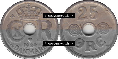 Alte Münze aus Dänemark als PNG-Grafik 1924-1947, 25 Öre 1924 (Stück 1) Kursmünze. Vorderseite und Rückseite horizontal... Sammlung