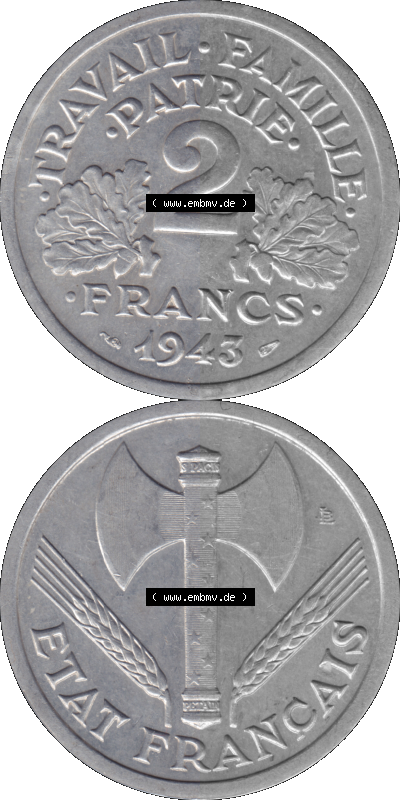 PNG einer Münze aus Frankreich 1943-1944, 2 Francs, Franken 1943 Sammlung