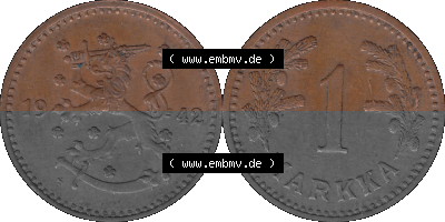 Finnland in transparenten digitalen PNG-Format 1940-1951, 1 finnische Mark, Markka, Kupfer 1942 Sammlung