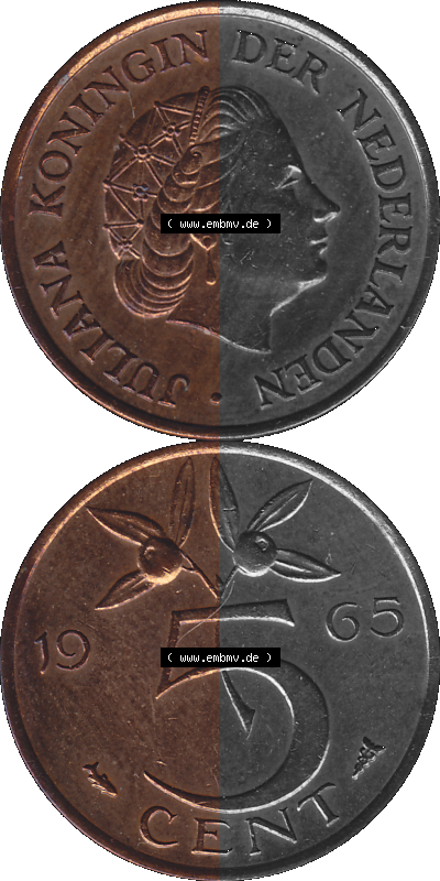 Alte Münze der Niederlande 1951-1975, in PNG digitalisiert 1950-1980, 5 Cent Königin Juliana 1965, 5 Cent Umlaufmünze aus den... Sammlung