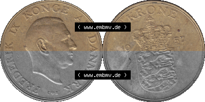 Alte Münze aus Dänemark als PNG-Grafik 1947-1960, 1 Krone 1957 (Stück 1) Kursmünze. Vorderseite und Rückseite horizontal... Sammlung