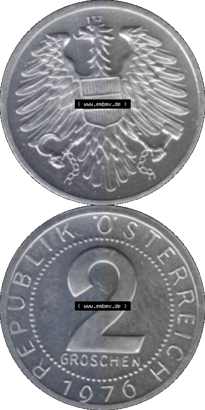 Münze aus Österreich, in PNG digitalisiert 1950-1994, 2 Groschen 1976 Sammlung