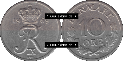 Alte Münze aus Dänemark als PNG-Grafik 1960-1972, 10 Öre 1969 (Stück 2). Vorderseite und Rückseite horizontal auf einen digitalen... Sammlung