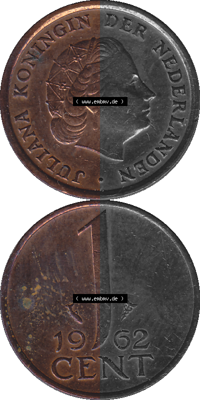 Münze der Niederlande 1951-1975, in PNG digitalisiert 1950-1980, 1 Cent Königin Juliana 1962, Vorderseite und Rückseite vertikal,... Sammlung
