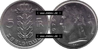 Belgien, König Baudouin I Kursmünzensatz 1948-1981, 5 Franken 1979, Belgique Sammlung