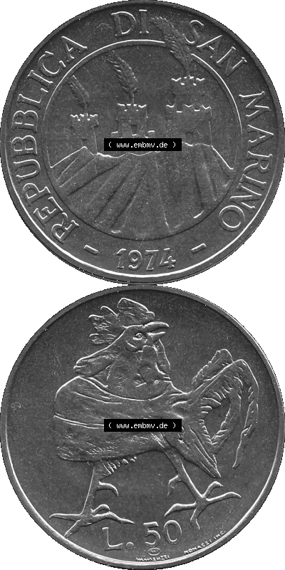 Münzensatz / KMS 1974 aus San Marino in Graustufen 1974-1974, 50 Lire, L.50 MINGUZZI MONASSI INC. Sammlung