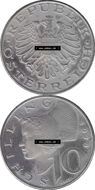 Alte Münze aus KMS Österreich, Kursmünzensatz 1974 in PP 1974-2001, 10 Schilling 1974 Sammlung