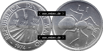 San Marino Münze 1974-1974 als transparente PNG-Grafik, 1 Lire, 1 Lira, L.1 MINGUZZI MONASSI INC. Sammlung