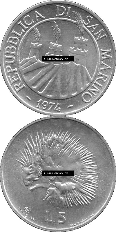 Münzensatz / KMS 1974 aus San Marino in Graustufen 1974-1974, 5 Lire, L.5 MINGUZZI MONASSI INC. Sammlung