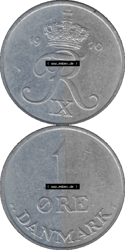Alte Münze aus Dänemark als PNG-Grafik 1956-1971, 1 Öre 1970 (Stück 1) Kursmünze. Vorderseite und Rückseite vertikal auf... Sammlung