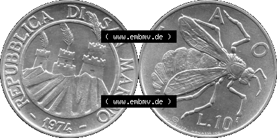 Münzensatz / KMS 1974 aus San Marino in Graustufen 1974-1974, 10 Lire, L.10 MINGUZZI MONASSI INC. Sammlung