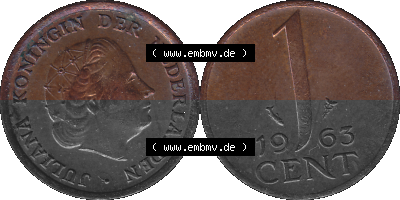 Münze der Niederlande 1951-1975, in PNG digitalisiert 1950-1980, 1 Cent Königin Juliana 1963, 1600 x 800 Pixel Querformat in... Sammlung