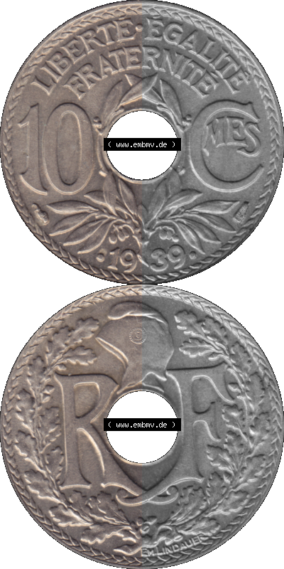 PNG einer Münze aus Frankreich 1938-1939, 10 Centimes, Cent 1939 Sammlung