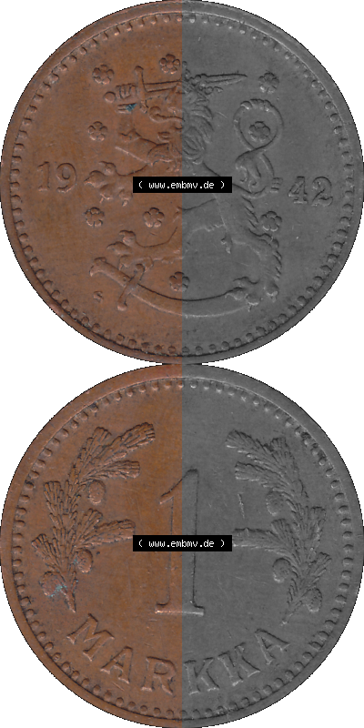 Finnland in transparenten digitalen PNG-Format 1940-1951, 1 finnische Mark, Markka, Kupfer 1942 Sammlung
