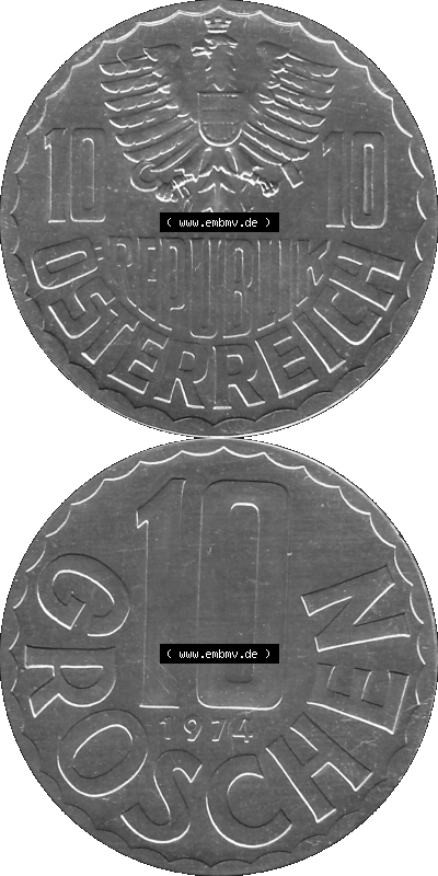 Alte Münze aus KMS Österreich, Kursmünzensatz 1974 in PP 1951-2001, 10 Groschen 1974, PNG Graustufen Bilder als Bildmaterial Sammlung