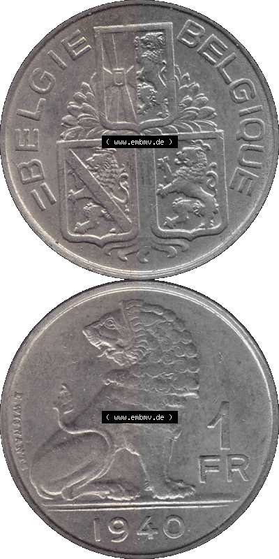 Alte Münze aus Belgien als PNG-Grafik 1939-1940, 1 FR, Franken, BELGIE - BELGIQUE 1940 Sammlung