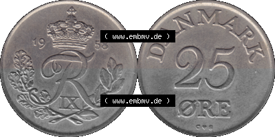 Alte Münze aus Dänemark als PNG-Grafik 1948-1960, 25 Öre 1958 (Stück 1). Vorderseite und Rückseite horizontal auf einen digitalen... Sammlung