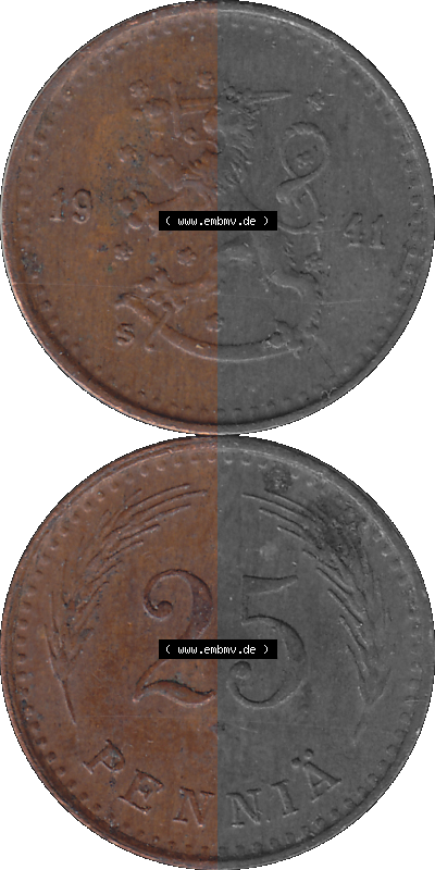Finnland in transparenten digitalen PNG-Format 1940-1943, 25 Penny, Penniä Kupfer 1941 Sammlung