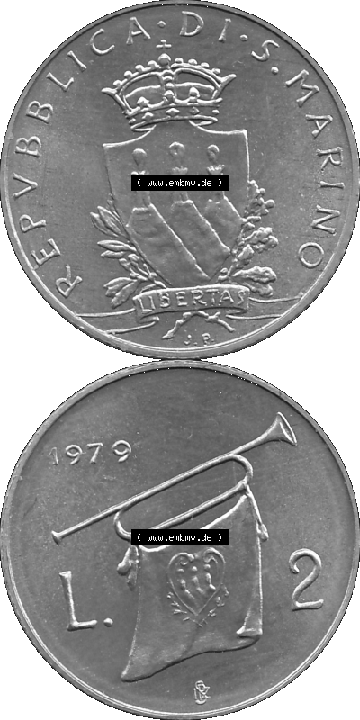 Münzensatz / KMS 1979 aus San Marino in Graustufen 1979-1979, 2 Lire, J. V. LIBERTAS REPVBBLICA DI S. MARINO, 1979 L.2 Sammlung