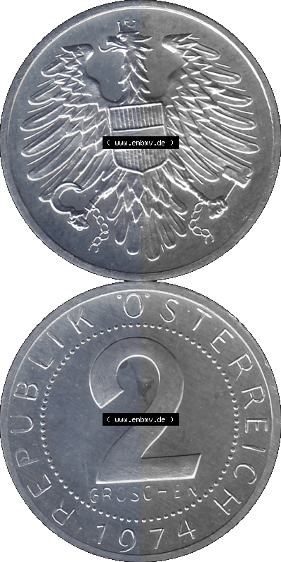 Alte Münze aus KMS Österreich, Kursmünzensatz 1974 in PP 1950-1994, 2 Groschen 1974 Sammlung