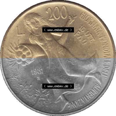 Münze aus Italien / Italia als PNG-Grafik 1981-1981, 200 Lire FAO - Welternährungstag 1981 Sammlung