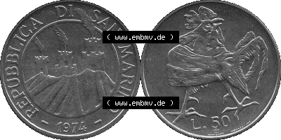 Münzensatz / KMS 1974 aus San Marino in Graustufen 1974-1974, 50 Lire, L.50 MINGUZZI MONASSI INC. Sammlung