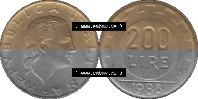 Münze aus Italien / Italia als PNG-Grafik 1977-2001, 200 Lire, Zahnrad 1988 Sammlung