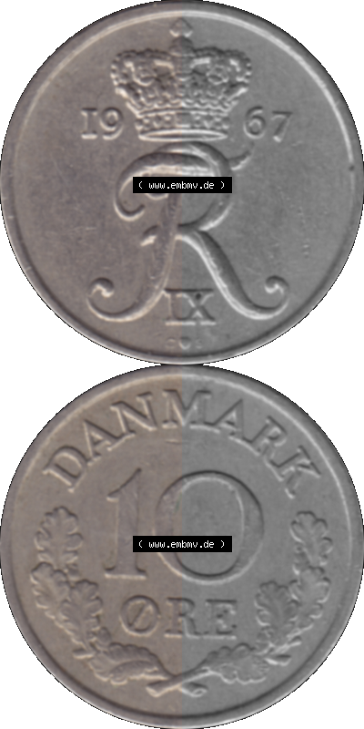 Alte Münze aus Dänemark als PNG-Grafik 1960-1972, 10 Öre 1967 (Stück 1). Vorderseite und Rückseite vertikal auf einen digitalen... Sammlung