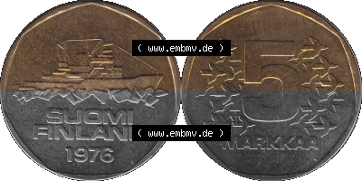 Alte Münzen KMS Finnland, Kursmünzensatz 1976 in Stempelglanz als digitales Computerbild in transparenten PNG 1972-1978, 5 Finnische... Sammlung