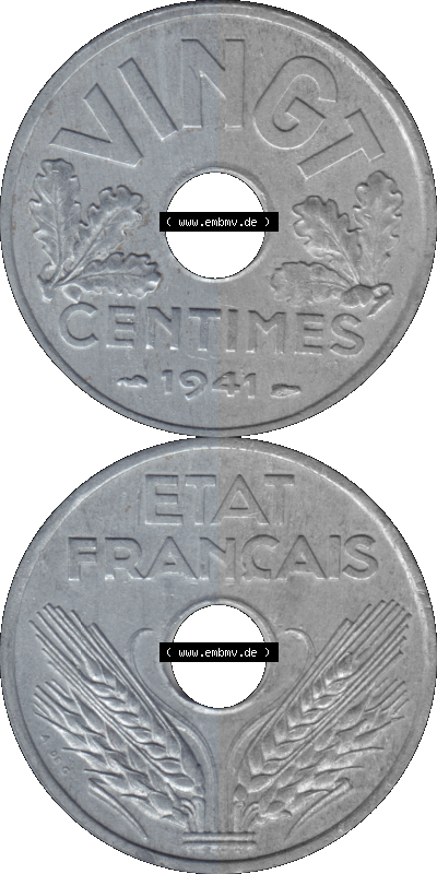 PNG einer Münze aus Frankreich 1941-1941, VINGT 20 Centimes, Cent Sammlung
