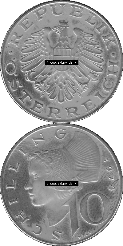 Alte Münze aus KMS Österreich, Kursmünzensatz 1974 in PP 1974-2001, 10 Schilling 1974, PNG Graustufen Bilder als Bildmaterial Sammlung