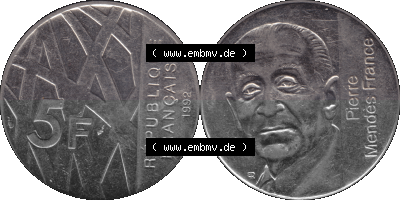 Münzen Frankreich Umlaufmünze 1992-1992, 5 Francs Franken in Nickel 1992 (Stück 1). Vorderseite und Rückseite horizontal auf... Sammlung