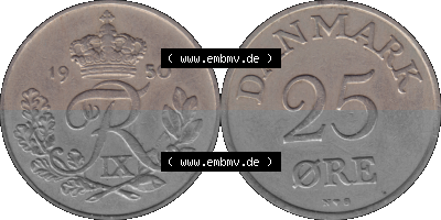 Alte Münze aus Dänemark als PNG-Grafik 1948-1960, 25 Öre 1950 (Stück 1). Vorderseite und Rückseite horizontal auf einen digitalen... Sammlung
