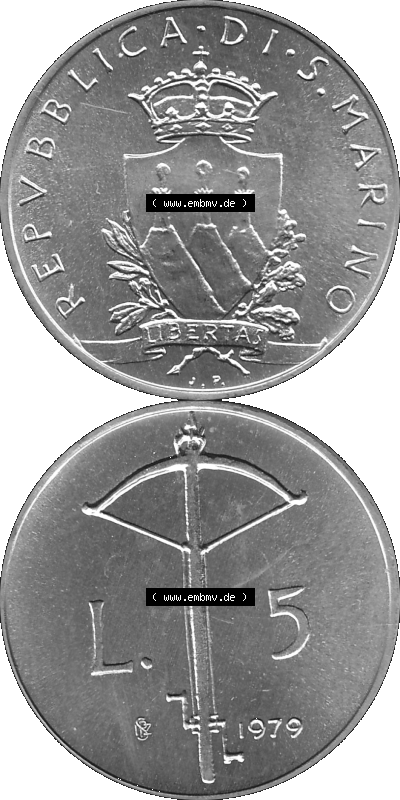 Münzensatz / KMS 1979 aus San Marino in Graustufen 1979-1979, 5 Lire, LIBERTAS REPVBBLICA DI S. MARINO, 1979 L.5 Sammlung