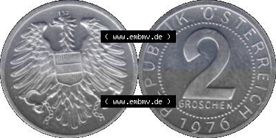 Münze aus Österreich, in PNG digitalisiert 1950-1994, 2 Groschen 1976 Sammlung