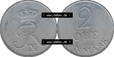 Alte Münze aus Dänemark als PNG-Grafik 1948-1972, 2 Öre 1970 (Stück 1). Vorderseite und Rückseite horizontal auf einen digitalen... Sammlung