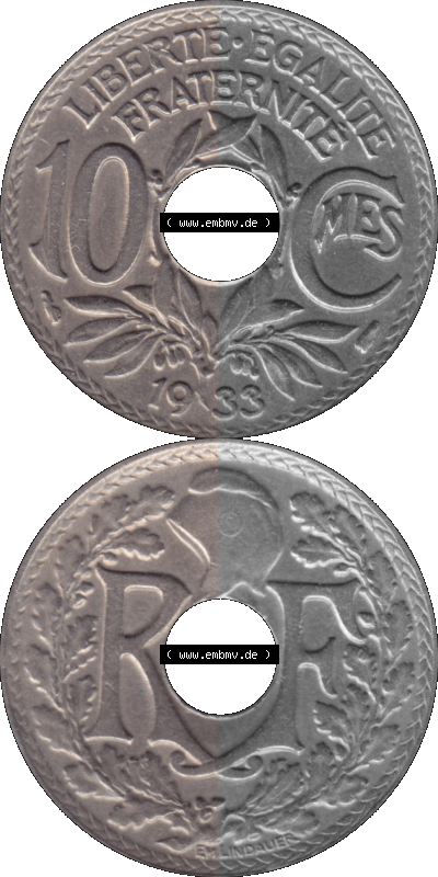 PNG einer Münze aus Frankreich 1917-1938, 10 Centimes, Cent 1933 Sammlung