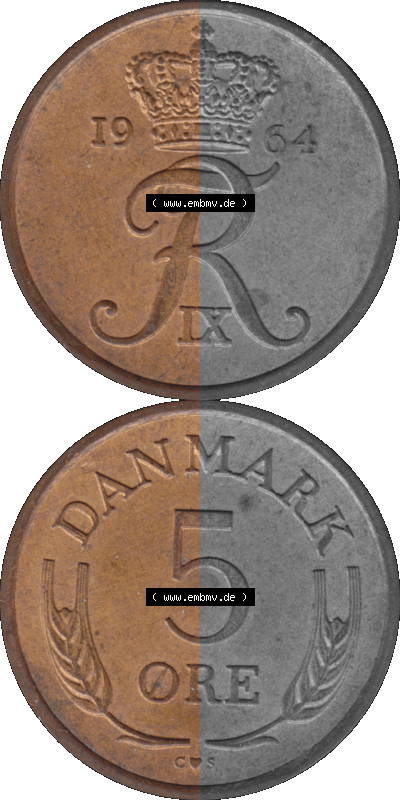 Alte Münze aus Dänemark als PNG-Grafik 1960-1972, 5 Öre 1964 (Stück 1). Vorderseite und Rückseite vertikal auf einen digitalen... Sammlung