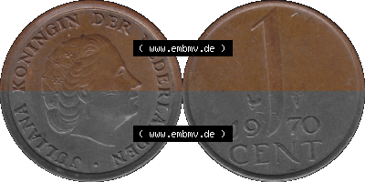 Alte Münze der Niederlande 1951-1975, in PNG digitalisiert 1950-1980, 1 Cent Königin Juliana 1970 Sammlung