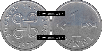 Alte Münzen KMS Finnland, Kursmünzensatz 1976 in Stempelglanz als digitales Computerbild in transparenten PNG 1969-1979, 1 Penny,... Sammlung