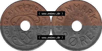 Alte Münze aus Dänemark als PNG-Grafik 1926-1940, 2 Öre 1938 (Stück 1) Kursmünze. Vorderseite und Rückseite horizontal auf... Sammlung