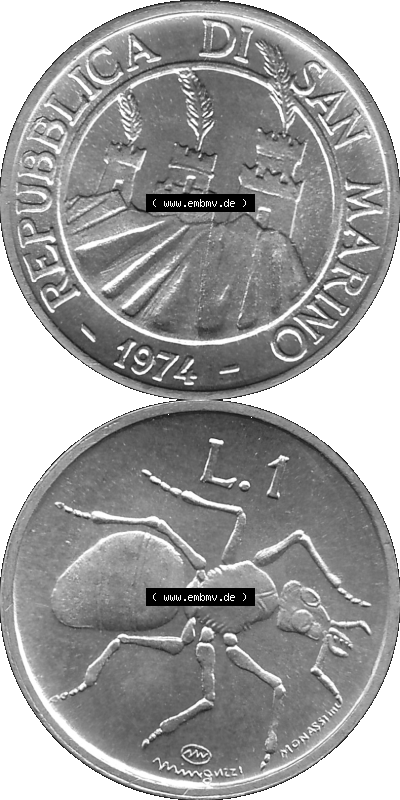 Münzensatz / KMS 1974 aus San Marino in Graustufen 1974-1974, 1 Lire, 1 Lira, L.1 MINGUZZI MONASSI INC. Sammlung