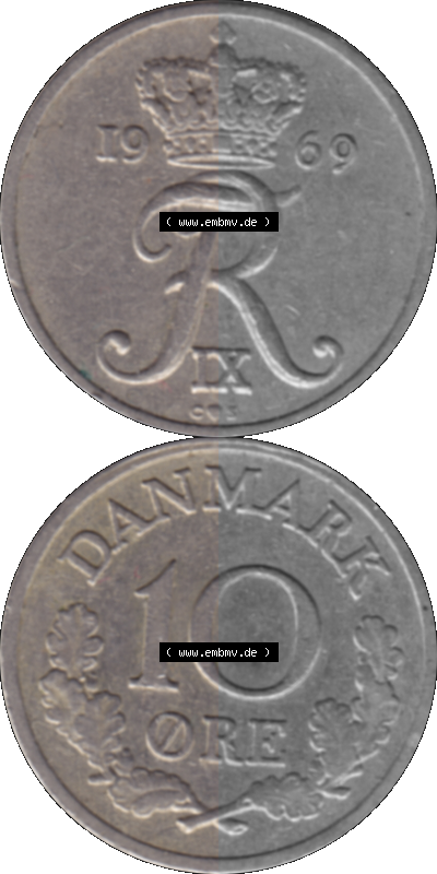 Alte Münze aus Dänemark als PNG-Grafik 1960-1972, 10 Öre 1969 (Stück 1). Vorderseite und Rückseite vertikal auf einen digitalen... Sammlung