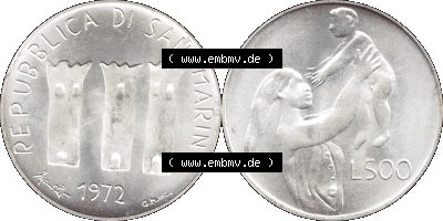 San Marino 1972-1972, Münze 500 Lire 1972 L. 500 REPUBBLICA DI SAN MARINO, Silbermünze Sammlung